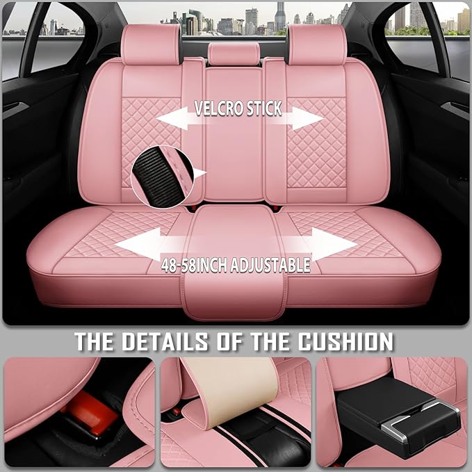 Premium Leather Car Seat Covers, Universal Fit for Cars SUVs Trucks and Sedans, Waterproof Car Seat Cushion with Airbag Compatible & Scratch-Resistant, Pink Seat Covers for 5 Seats