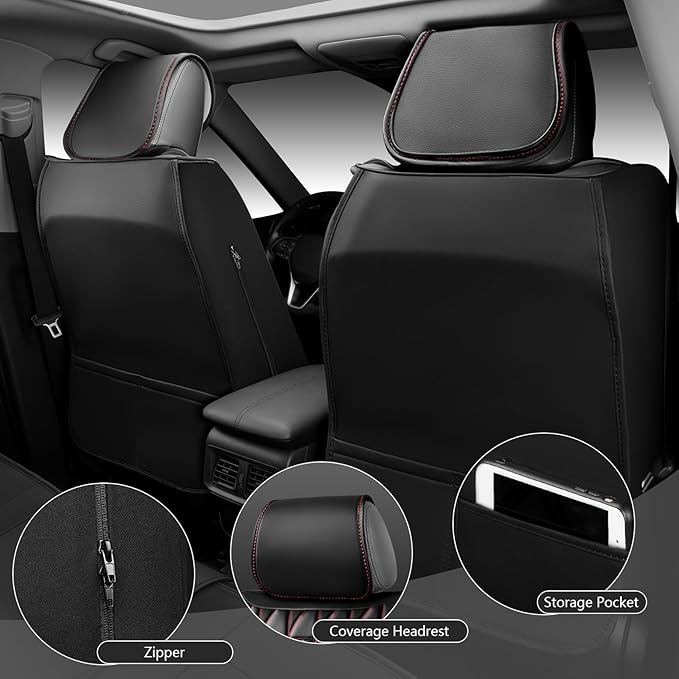 CAR PASS Nappa Leather Car Seat Covers Full Set, Luxury Seat Protector for Cars, Waterproof Anti-Slip Seat Cushion Airbag Compatible Fit for Most Cars Vehicles SUV Trucks, Airbag Compatible, Black Red