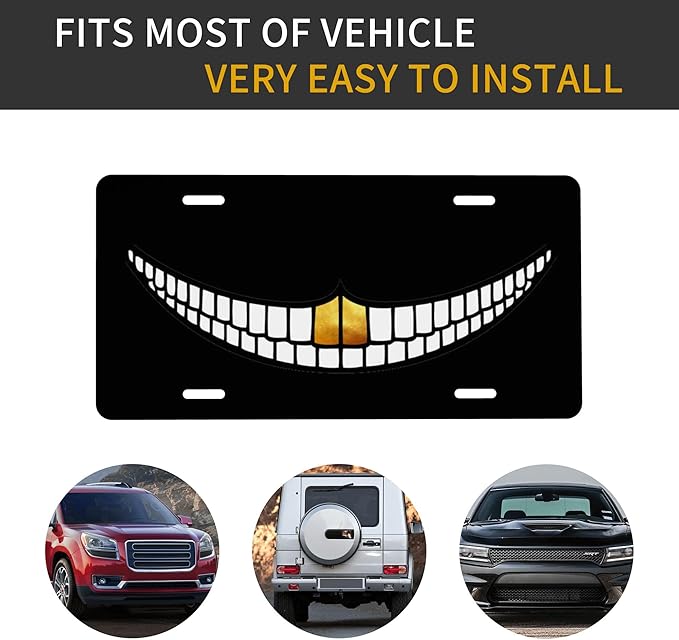Front License Plate Black Cat Grin Vanity Plates Aluminum Metal Decorative Car Tag Evil Smile Face Novelty License Plate Cover for Men Women 6 * 12 in (4 Holes)