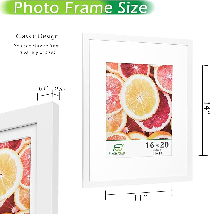 FrameWorks 2-Pack, 16x20 Matted to 11x14 Picture Frame, White – Classic Wooden Photo Frame with Tempered Glass, Modern Matte Finish for Prints, Posters, Certificates & Wall Decor – Gallery-Ready