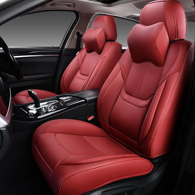 Auto Car Seat Covers Accessories Front Seat Leather Cushion Protector Breathable Waterproof Seat Cover for Cars Universal Fit (Wine, Front Pair)
