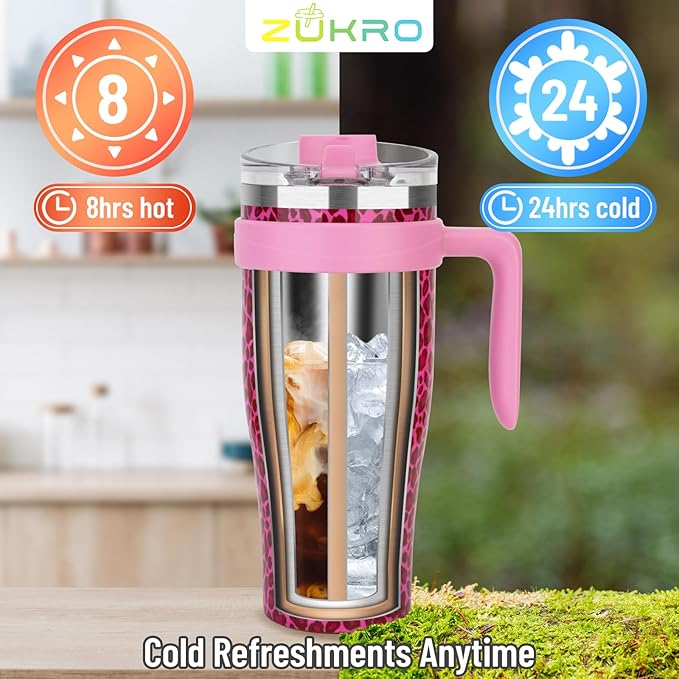 Zukro 40 oz Tumbler With Handle And Straw, Leak-proof Closable Flip Straw Lid, Insulated Stainless Steel Coffee Cup for Hot and Cold Drinks, Travel Mug Fit in Cup Holder, Dishwasher Safe
