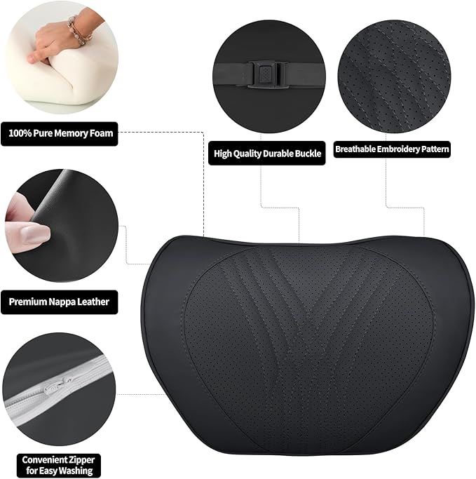 Car Neck Pillow Memory Foam Premium Leather Headrest Neck Support Cushion Universal for Driving Home Office, Black,1PC