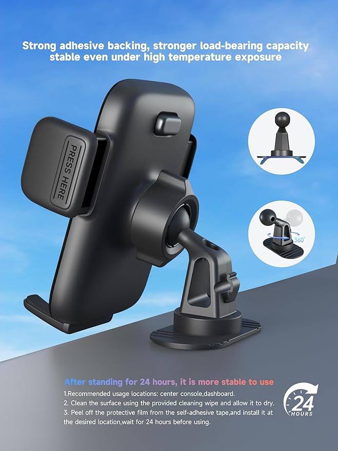 Car Phone Mount for Air Vent & Dashboard, Universal Clip Holder with 360° Rotation, One-Button Release Car Phone Holder Compatible iPhone Samsung Google Smartphones, Truck Car Accessories