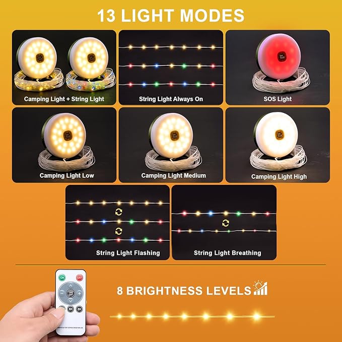 Solar Camping String Lights, Retractable Waterproof 33FT LED Camp Light with 13 Light Modes, Rechargeable 3000mAh Battery Powered Fairy Lights with Remote for Outdoor, Tent, RV, Patio, Awning, Party