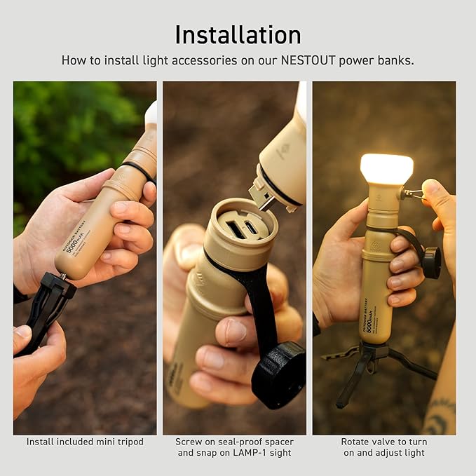 NESTOUT Rugged Outdoor Camping LED Lantern w/ Mini Tripod, Dimmable USB Powered Soft LED Light, IP44 Water Dust Resistant, 10-350 Lumen, Portable Lamp for Power Bank EDC Travel, LAMP-1 (Beige)