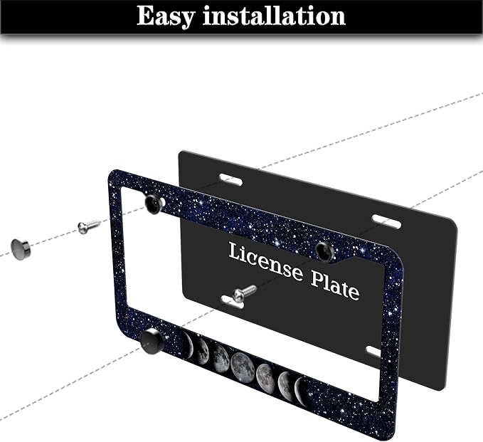 Automotive Exterior Accessories Black and White License Plate Frames Celestial Moon Phases Aluminum Metal Car Accessory 2 Pack with Screw Covers Set