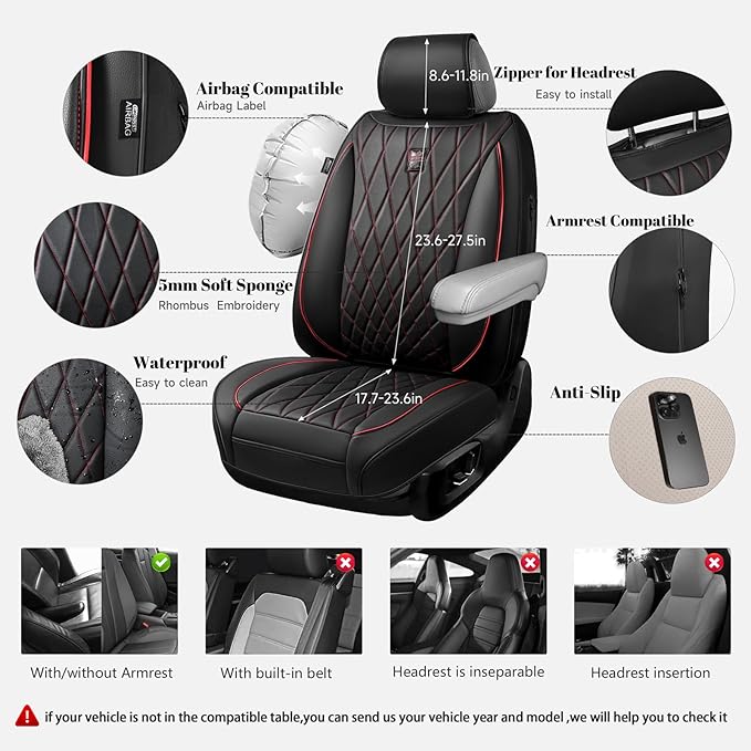 CAR PASS Luxury PU Leather Two Front Car Seat Covers, Waterproof Seat Covers Compatible with Front Seat Armrests, Airbag Compatible Anti- Slip Universal Fit for Cars Suvs Vans Trucks Black Red