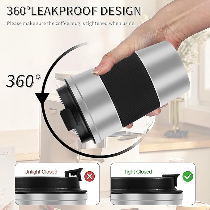 YINBAOGE Insulated Travel Coffee Mug, Spill & Leak Proof, Portable To Go Camping Stainless Steel Coffee Tumbler, Reusable Thermal Coffee Cup with Lid for Hot & Cold Drinks (Silver black, 17 OZ)