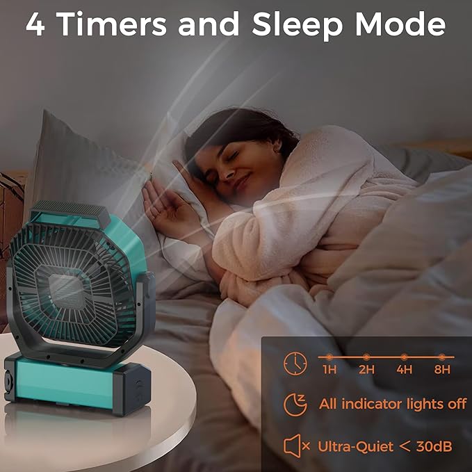 Camping Fan with Light - 20000mAh Rechargeable Battery Fan, 112Hrs Max Run Time, 8 Speeds, Digital Display, Timer, Auto Oscillation, 270° Pivot & Hook for Camping, Power Outage, Hurricane (Blue)