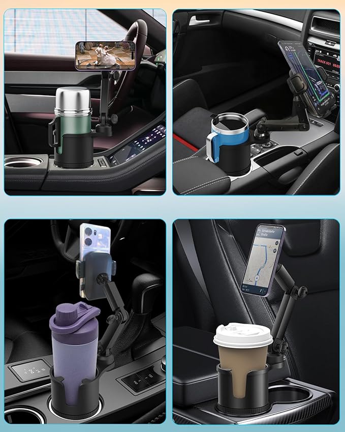 Cup Phone Holder for Car with Expandable Base, 2 in 1 Adjustable Hands Free Cell Phone Holders Car Cupholder Mount, Friendly Fit Large Bottle & iPhone All Cellphone for Truck SUV | No Shake Design