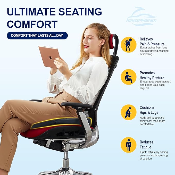 kingphenix Car Seat Cushion – Memory Foam Pad for Driving Comfort – Boosts Height and Relieves Coccyx & Lower Back Pain – Car, Truck, Office Chair (Black & Gray)