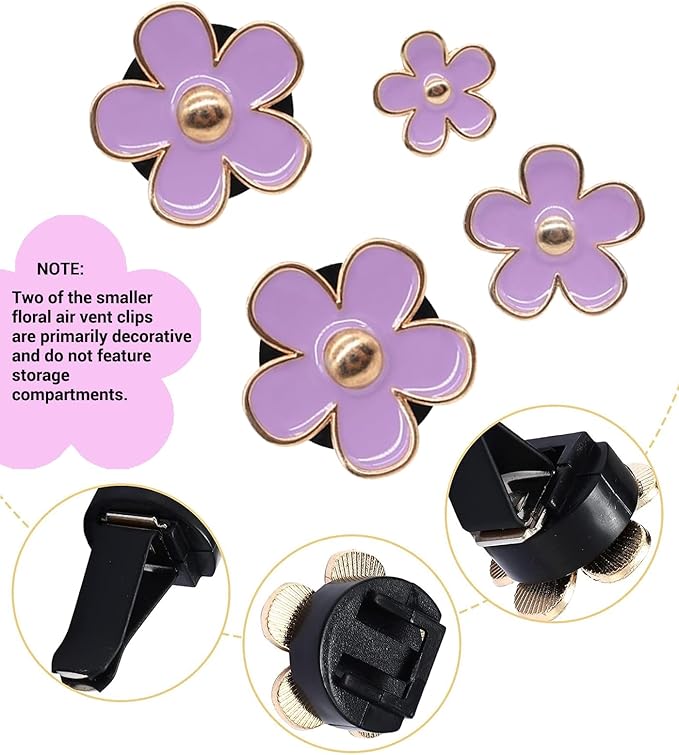 Daisy Flower Car Air Freshener Vent Clips, 4 Pcs Cute Car Accessories for Women Interior, Girly Decor Essentials, Truck Accessories, for Bathroom Office Pet Houses (Purple, 3.1cm 2.9cm 2.2cm 1.6cm)