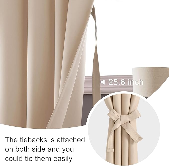 JIUZHEN Blackout Curtains for Bedroom - Thermal Insulated Room Darkening Noise Reducing, 52 x 45 Inch Length Curtains for Living Room, Set of 2 Panels with Tiebacks, Beige