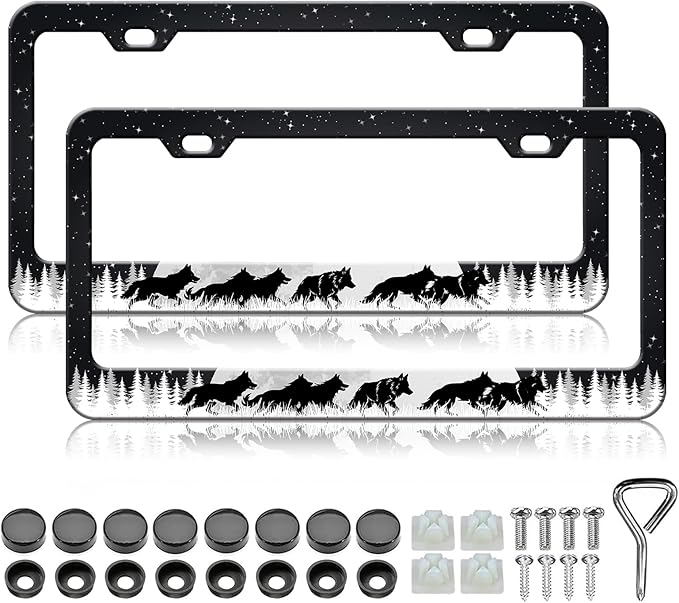 Moon Forest Wolf License Plate Frames - 2 Pack Cool Starry Sky License Plate Holder, Stainless Steel Rust-Proof Waterproof Car Decorative Tag Frame with Screws Fasteners Caps