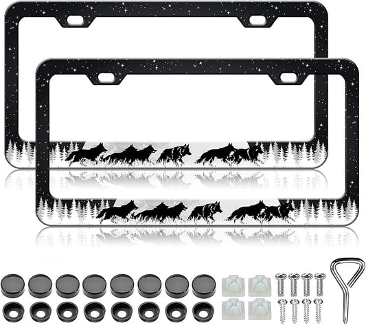 Moon Forest Wolf License Plate Frames - 2 Pack Cool Starry Sky License Plate Holder, Stainless Steel Rust-Proof Waterproof Car Decorative Tag Frame with Screws Fasteners Caps
