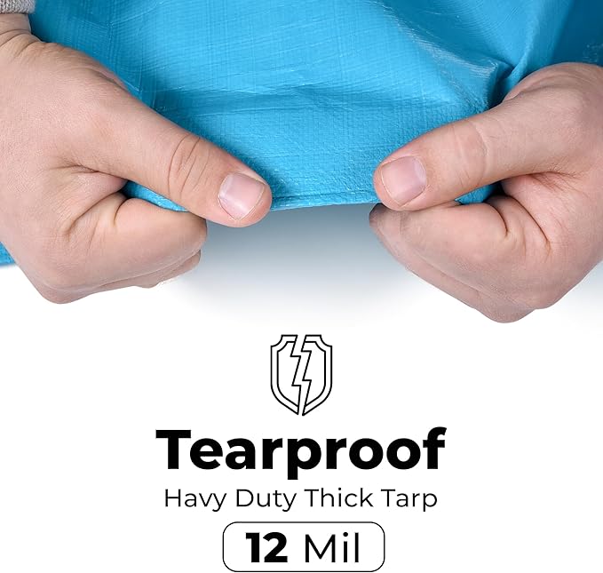 Tarps Heavy Duty Waterproof 20x20-12 mil Thick Camping Tent - Blue Tarp 20x20 UV Resistant, Rip & Tear Proof with Metal Grommets – Multipurpose Use for Camping, Tent, Boat, RV, Car, & Pool Cover