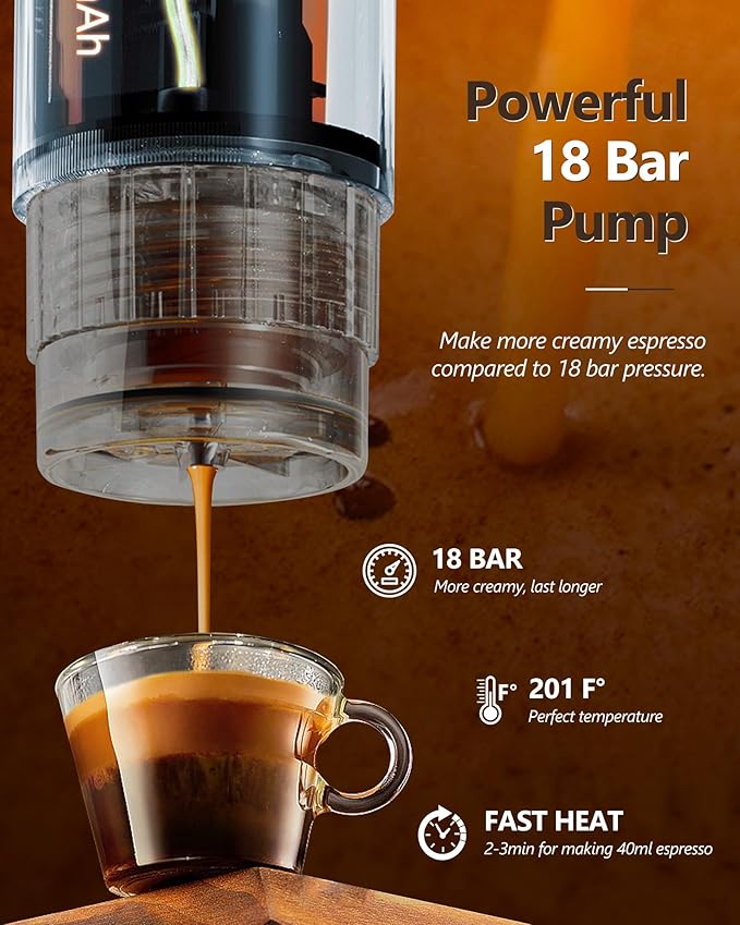 CONQUECO Portable Espresso Machine Travel: 8 cups 12V Electric Coffee Maker with Battery for Camping - 2.5 Mins Self Heating - With Ground Coffee & NS Capsule for RV, Hiking, Office