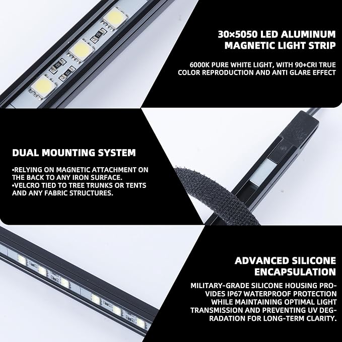 12V LED Interior Light Bar Kit, 4 Bars White Adjustable Brightness RV Camping Lights - Waterproof IP67, Magnetic & Velcro Mount, Portable Lighting for Tent, Car, Trailer, Boat, Truck, Off-Road, Cabin