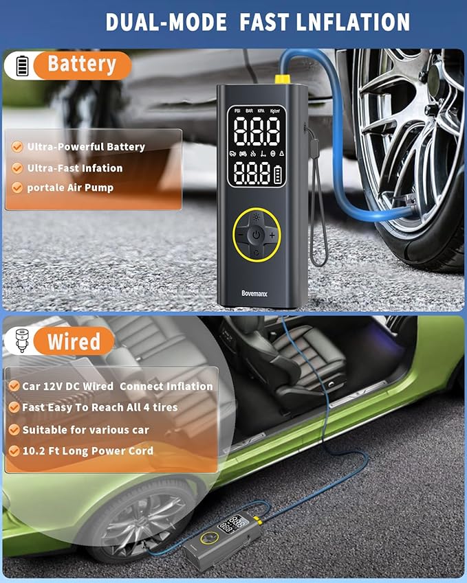 Car Tire Air Pump Portable Air Compressor, 150 PSI Cordless Tire Inflator Battery for Inflating/Charging with 12V DC Cord, Digital Gauge, Led Light for Car, Motorcycle, Bike, Balls and More (Yellow)