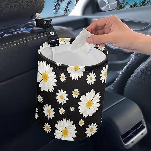 Cute Daisy Print Portable Car Garbage Bin Reusable Collapsible Hanging Portable Dustbin Bin Waste Basket Car Accessories Interior for Car SUV Trucks Universal