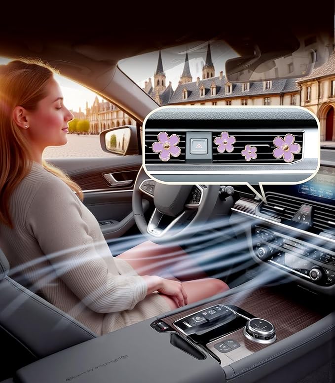 Daisy Flower Car Air Freshener Vent Clips, 4 Pcs Cute Car Accessories for Women Interior, Girly Decor Essentials, Truck Accessories, for Bathroom Office Pet Houses (Purple, 3.1cm 2.9cm 2.2cm 1.6cm)