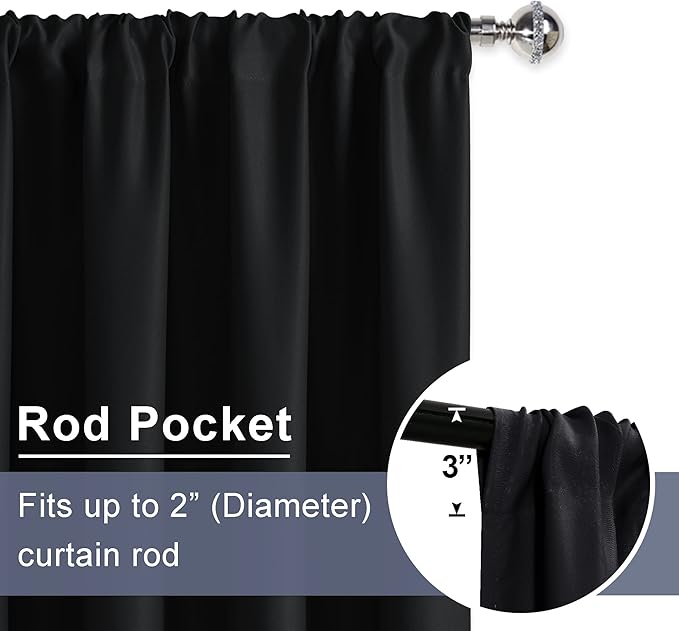 JIUZHEN Blackout Curtains for Bedroom - Thermal Insulated Room Darkening Rod Pocket Curtains for Living Room, Set of 2 Panels with Tiebacks, 38 x 72 Inch Length, Black