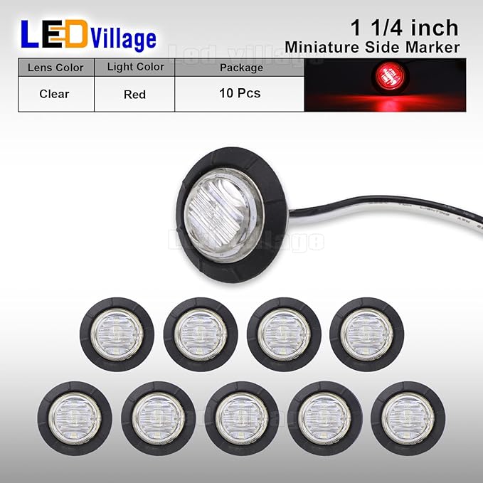 1-1/4 Inch Clear Lens Red LED Clearance Side Marker Lights 6 LED Bullet Marker Trailer Lights Universal Fit RV Truck Pickup Van Peterbilts Style 12V DC (10 Pcs)