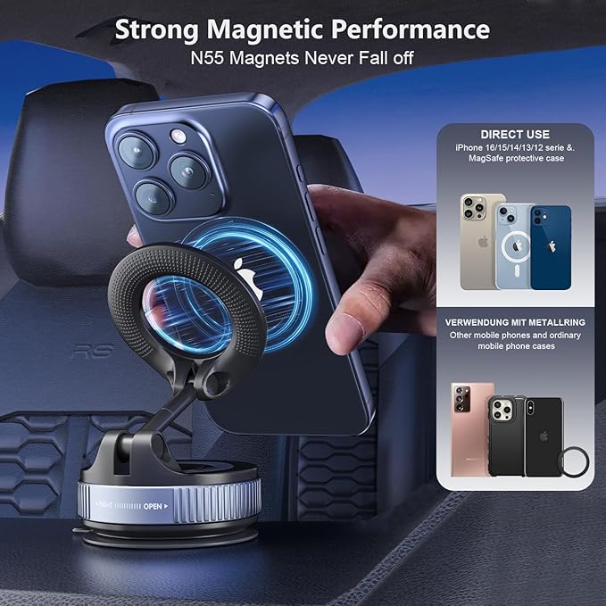 Magnetic Car Mount,Ultra Magnetic 360 Degree Rotation Dashboard Car Phone Holder,Car Accessories for iPhone,Gifts for Men/Women,Vacuum Suction Cup Phone Mount Fit for All Smartphones,Black