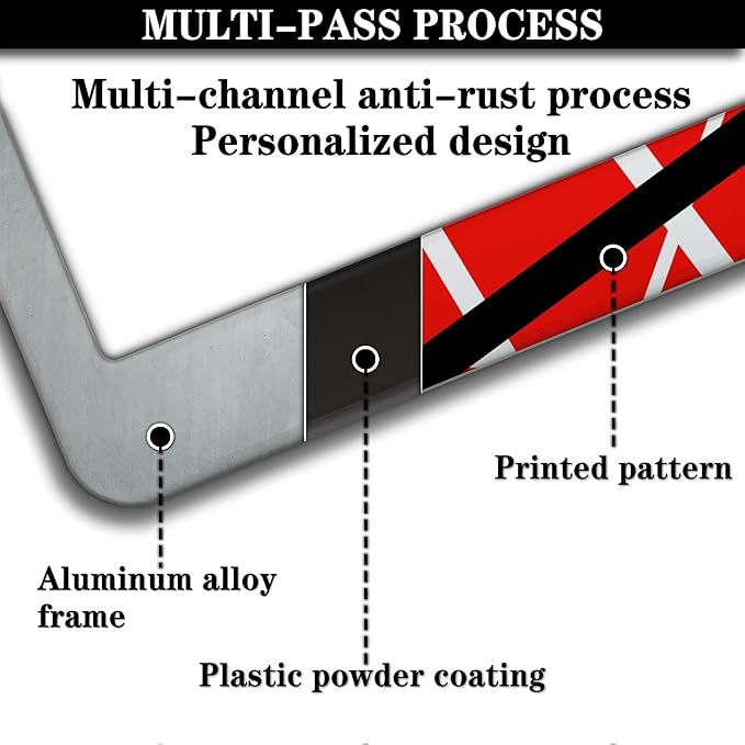 Automotive Exterior Accessories Red, Black, White License Plate Frames Rock Guitarist Red Black White Stripes Aluminum Metal Car Accessory 2 Pack with Screw Covers Set