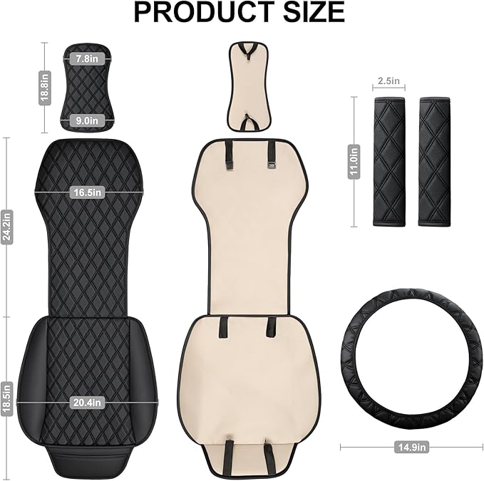 2PCS Leather Car Seat Covers, Front Seat Covers with Steering Wheel Cover and Two Seat Belt Pads, Waterproof Seat Protector for Cars Universal Fit 95% Vehicles (Black)