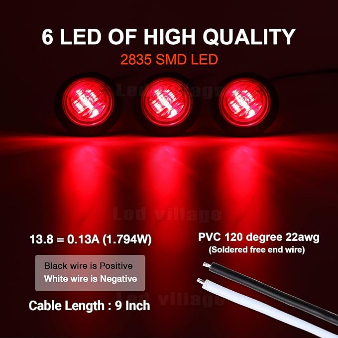 1-1/4 Inch Clear Lens Red LED Clearance Side Marker Lights 6 LED Bullet Marker Trailer Lights Universal Fit RV Truck Pickup Van Peterbilts Style 12V DC (10 Pcs)