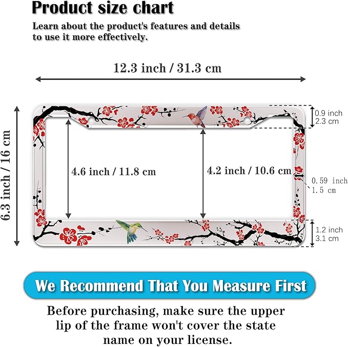 Automotive Exterior Accessories Black, White, and Red License Plate Frames Hummingbird Flowers Universal Aluminum Car Accessory 2 Pack with Screw Covers Set