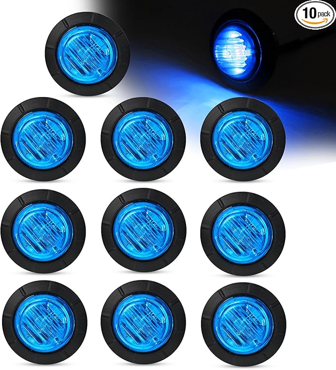 10 Pcs of 1-1/4 Inch Blue Lens & Lights with 6 LEDs Mount Clearance Side Marker Lamp Bullet Marker Trailer Lights Universal 12V DC Vehicles RV Truck Pickup Van Boat Mack