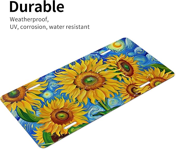 Front License Plate Sunflower Art Vanity Plates Aluminum Metal Decorative Car Tag Novelty License Plate Cover for Men Women 6 * 12 in (4 Holes)