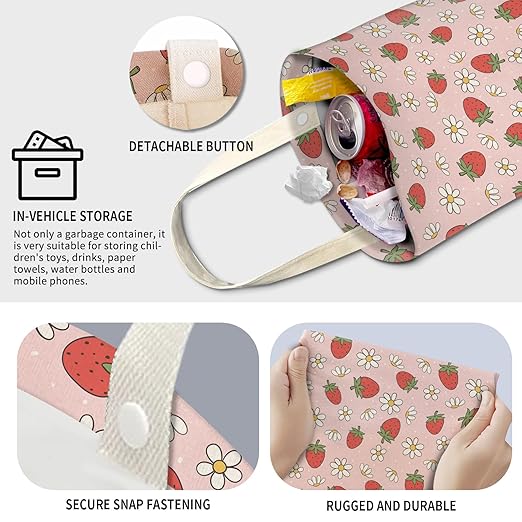Cute Car Trash Can, Hanging Canvas Car Back Seat Organizer and Storage Bag, Funny Car Trash Bag For Travelling, Outdoor Cute Pink Strawberry Flowers