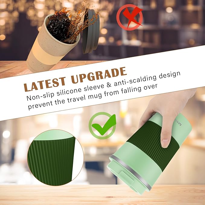 MOMSIV 12oz Travel Mug, Insulated Coffee Cup with Leakproof Lid, Vacuum Stainless Steel Double Walled Reusable Tumbler for Hot and Cold Water Coffee and Tea In Travel and Car (Green-380ml)