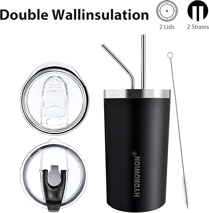 HYDROWION Triple-Insulated Tumblers - Stainless Steel with Lid and Straw, 12 oz Water Bottle, Stainless Steel Cups, Coffee Travel Mug for Home & Office Black