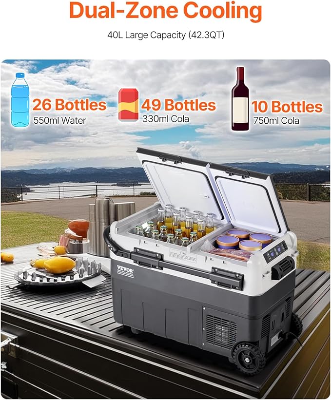 VEVOR X40K Refrigerator 42.3 Qt Dual Storage Zones Car Fridge, Electric Cooler with Telescopic Handle, Portable Freezer for Vehicle Camping Truck Van RV SUV Road Trip Travel, Black