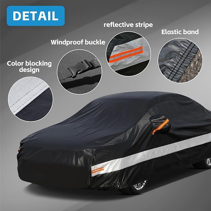 10 Layers Sedan Car Cover Waterproof All Weather for Automobiles,100% Waterproof Outdoor Car Covers Rain Snow UV Dust Protection. Custom Fit for Audi A8, BMW 7 Series, Dodge Charger,etc