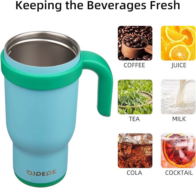BJPKPK 14 OZ Insulated Travel Tumbler with Handle and Straw, Stainless Steel Water Bottle, Double Wall Vacuum Insulated Mug, for Work, Car, Travel, Ice Blue