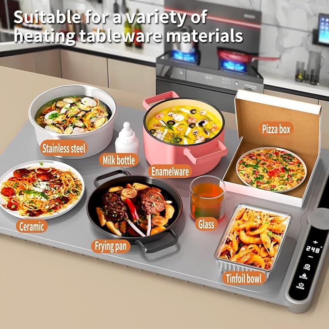 Warming Mat for Food, Food Warmers for Parties Buffet, 9 Temp Levels, Timer, Waterproof, Heat Insulating, Dishwasher-Safe, for Home, Bread Dough to Rise(Gray)