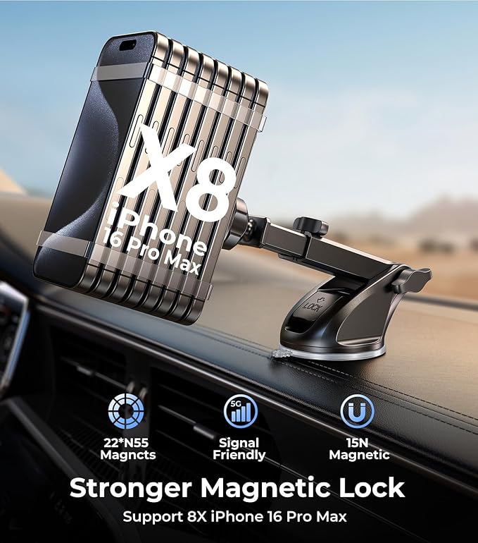 【Qi2 Certified・90LBS Vacuum Magnetic Suction】15W Fast Wireless Car Charger Mount for Magsafe, 360° Adjustable Arm, Dashboard/Windshield/Vent Phone Holder+Cable Organaizer for iPhone 16/15/14 Pro Max