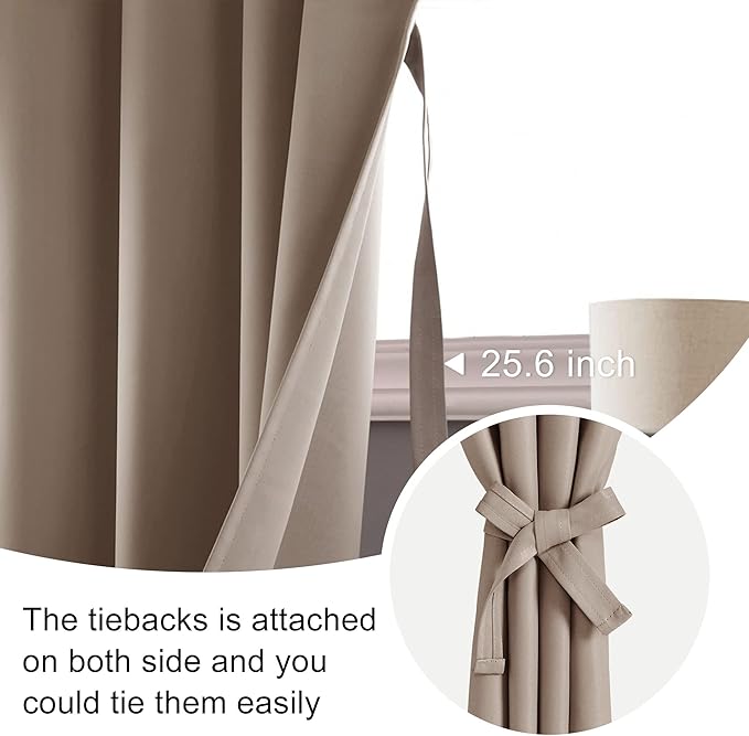 JIUZHEN Blackout Curtains for Bedroom - Thermal Insulated Room Darkening Noise Reducing, 52 x 54 Inch Length Curtains for Living Room, Set of 2 Panels with Tiebacks, Camel