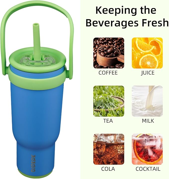 BJPKPK 30 OZ Insulated Travel Tumbler with Handle and Straw, Stainless Steel Water Bottle, Double Wall Vacuum Insulated Mug, for Work, Car, Travel, Sky Blue