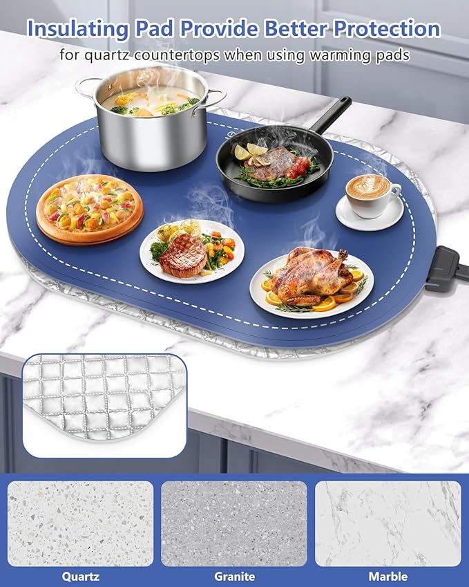 Warming Mat for Food with Adjustable Temperature Timer,10S Fast Heating Silicone Food Warmers for Parties Buffet and Home Daily,Food Warming Mat with Insulating Pad Raised Feet Protects Table
