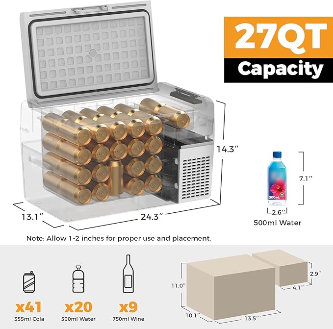 Setpower Car Refrigerator 50 Hours Backup Cooling 27 Quart 12 volt Fridge Portable Car Freezer 12V Coolers for Vehicles Electric Cooler for Car Camping Truck Van RV SUV Road Trip Travel (RF25 Grey)