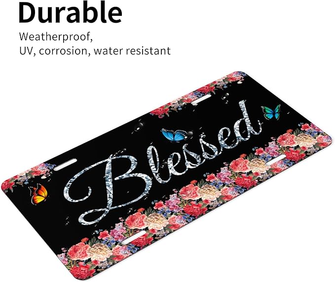Front License Plate Blessed Glitter Floral Butterfly Vanity Plates Aluminum Metal Decorative Car Tag Novelty License Plate Cover for Men Women 6 * 12 in (4 Holes)