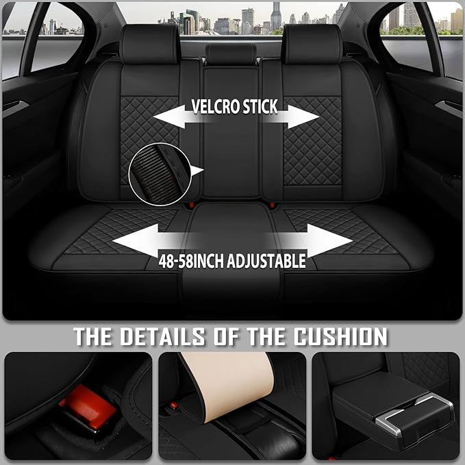 Premium Leather Car Seat Covers, Universal Fit for Cars SUVs Trucks and Sedans, Waterproof Car Seat Cushion with Airbag Compatible & Scratch-Resistant, Black Seat Covers for 5 Seats