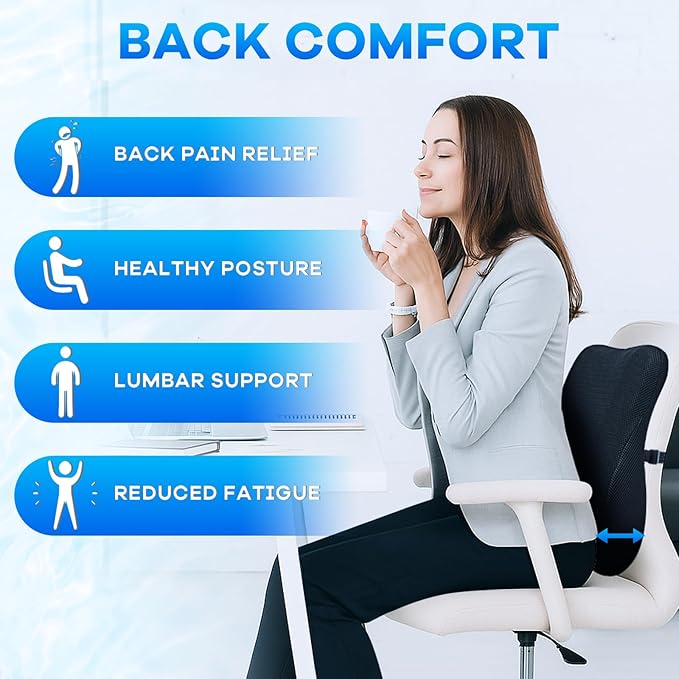 Gel-Infused Seat Cushion & Memory Foam Lumbar Pillow Set,Non-Slip Bottom,Breathable Mesh Cover,Portable Handle - Ergonomic Support for Office Chair Cushion, Car Seat Cushion and Wheelchair,Black